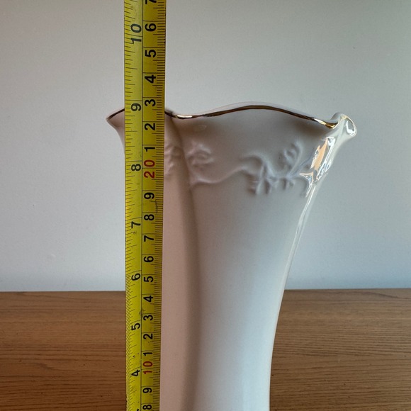 Elegant White Vase with Gold Trim, Embossed Floral Design, Home Decor, 9 Inches - Picture 2 of 9